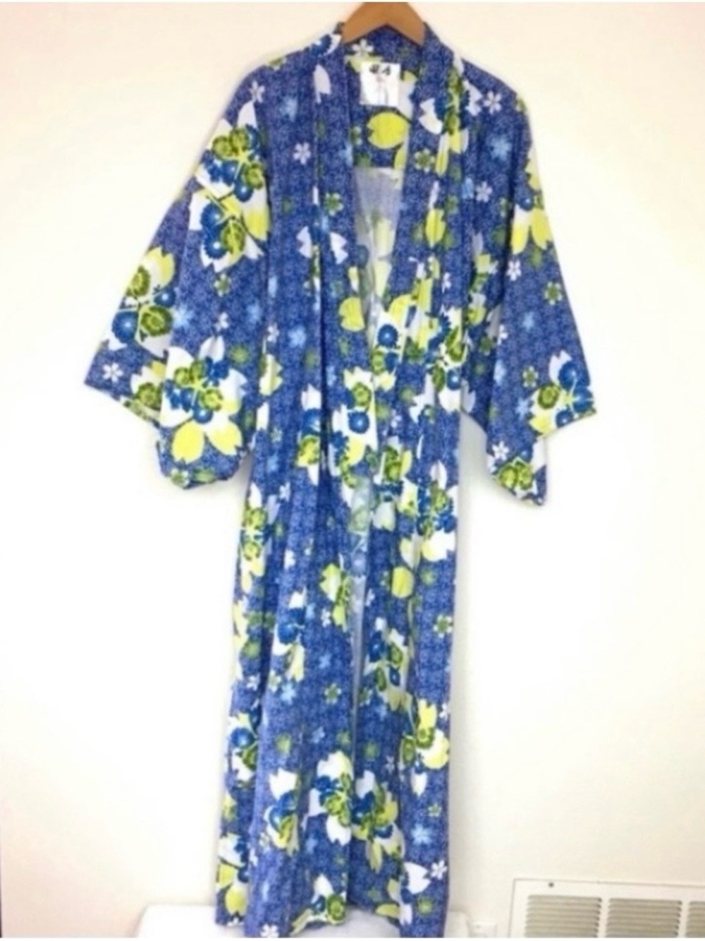 Vintage LL Womens Traditional Japanese Blue Floral Long Kimono XXL Boho Hippie